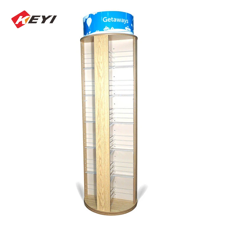 Free Standing Retail Store Book Displays Stand Fixtures Round Rotating Wood Magazine Display Rack