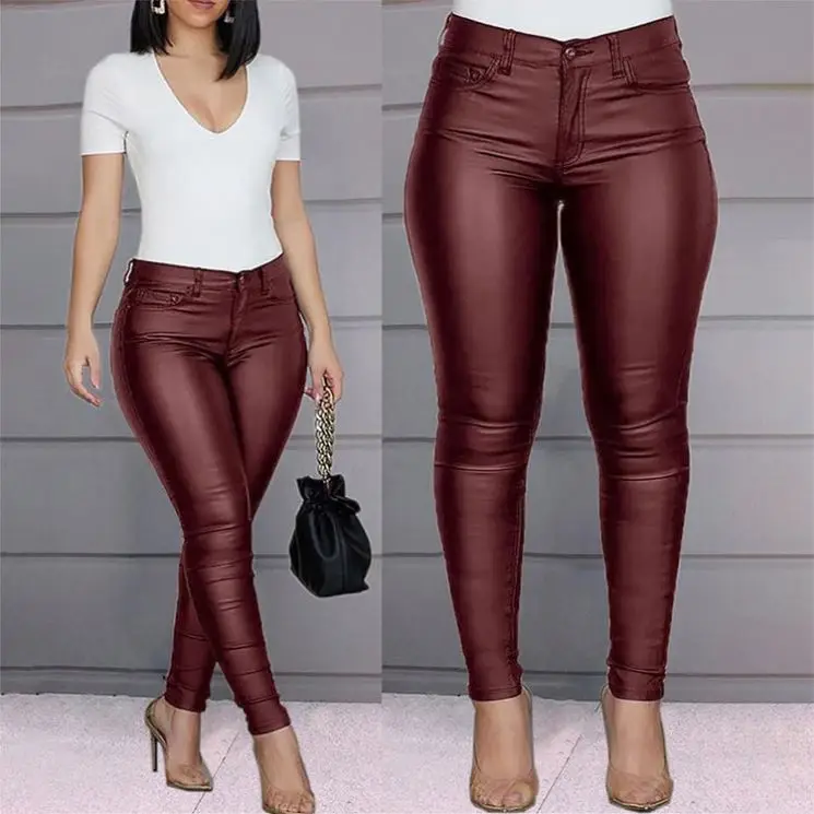 Autumn And Winter New Solid Colour Pu Leather Trousers Casual Sexy Small Footed Trousers Women Trousers Wholesale