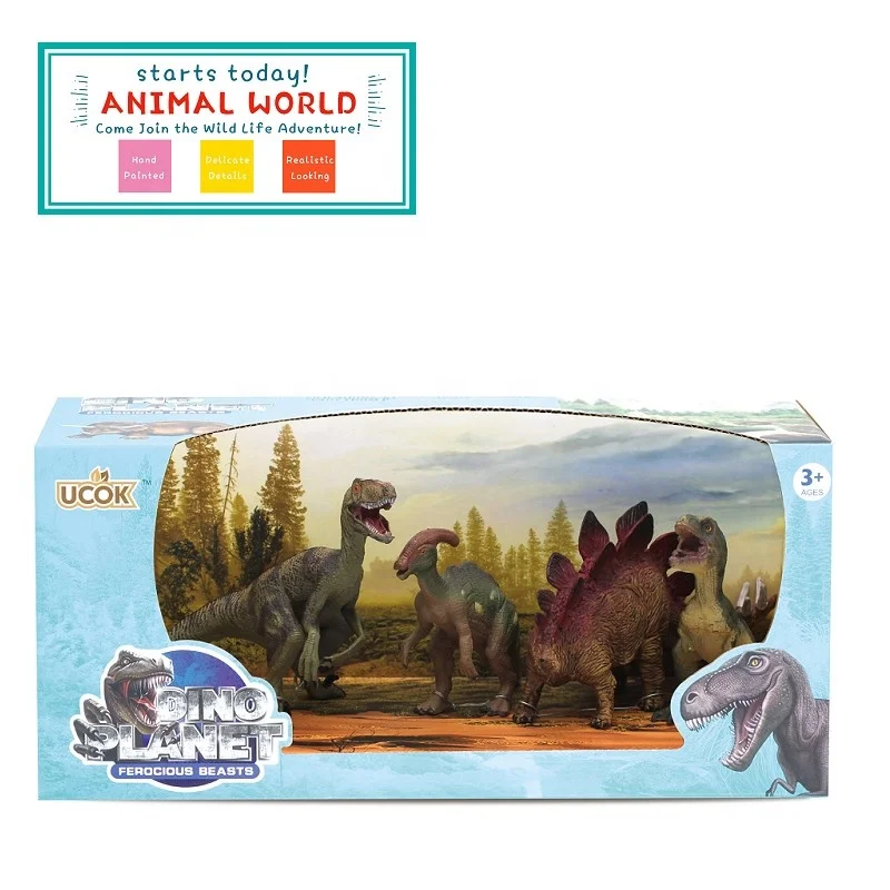 
4-Pieces Dinosaur Playset, Plastic Toy Animal Figurine Children gift home decorate with window box 