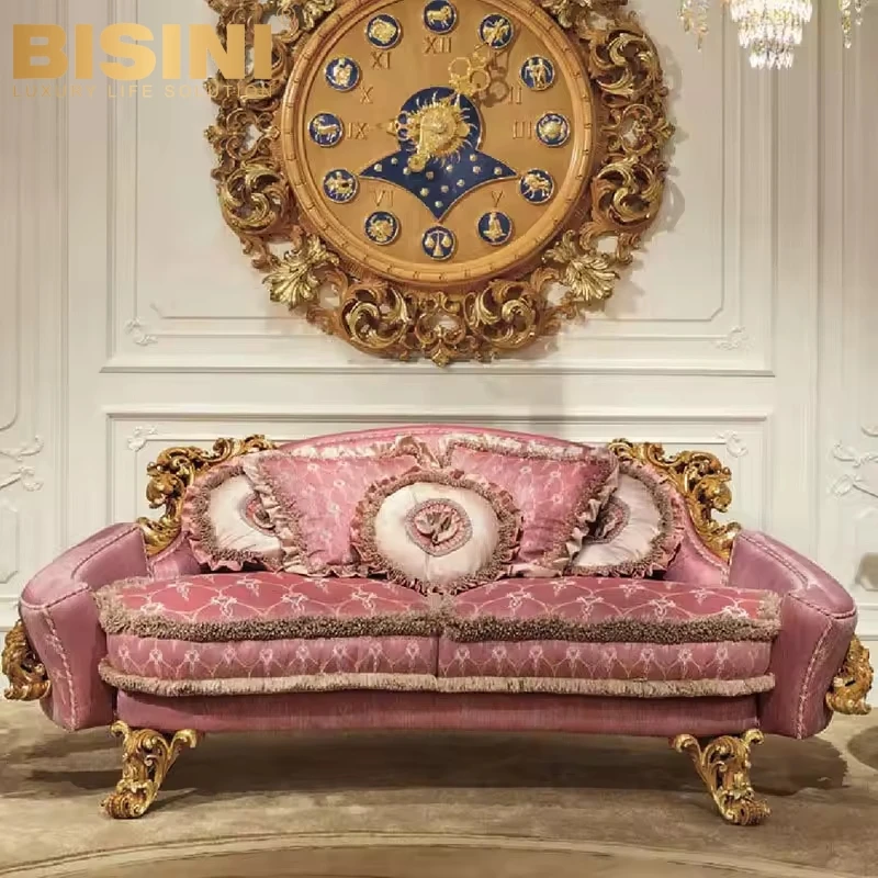 Graceful French Baroque Style Royal Palace Home Wooden Carved Pink Sofa Sitting Room Rosy Three Seater Sofa Set