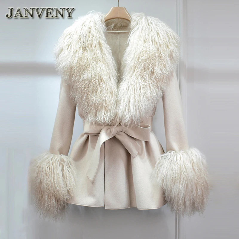 JANVENY New Real Fluffy Mongolian Lamb Fur Collar Cuff Woolen Jacket Women Winter Slim Sashes Mid Length Cashmere Trench Coat