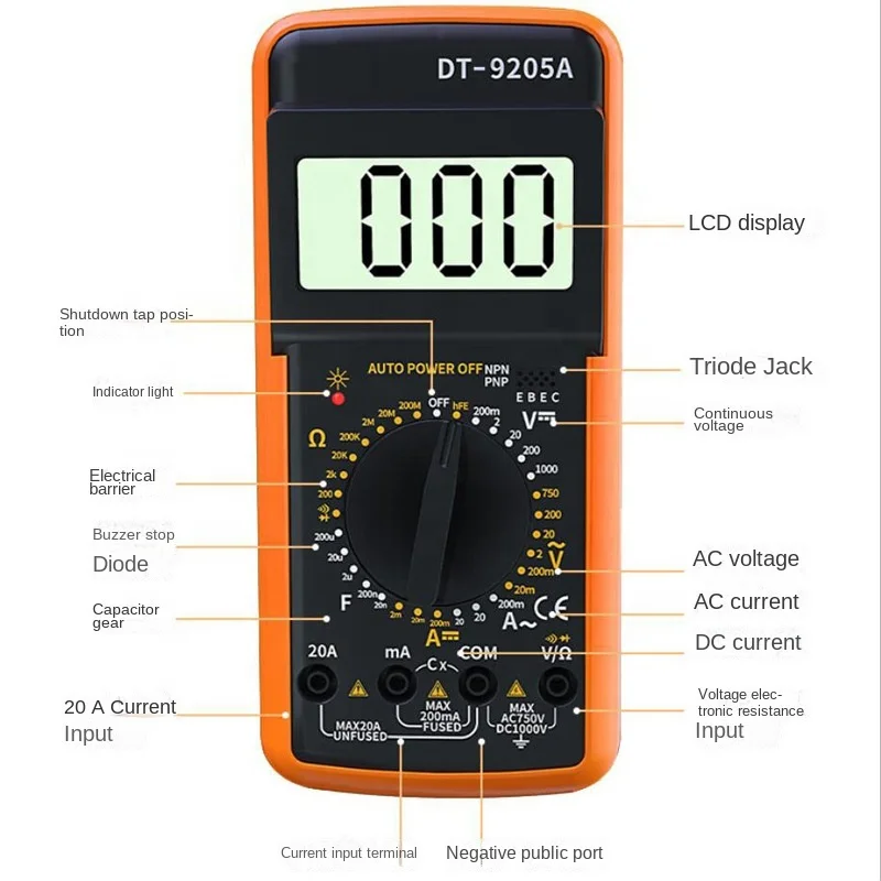 DT9205A digital display multi-function multimeter electrician maintenance intelligent burn-proof high-precision multimeter