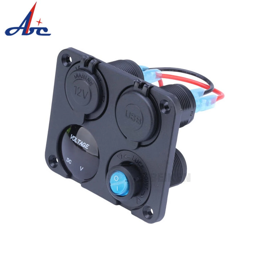 12V Boat Car RV Digital Voltmeter Power Socket Dual Charger Cigarette Lighter 4 Gang Panel Car charger With On Off Rocker Switch