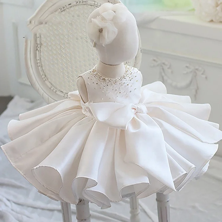 2023 New Beaded Bowknot Satin Baby Communion Party Dress Pure Flower Girl Princess Dress Cute Baby Girl Puff Dress