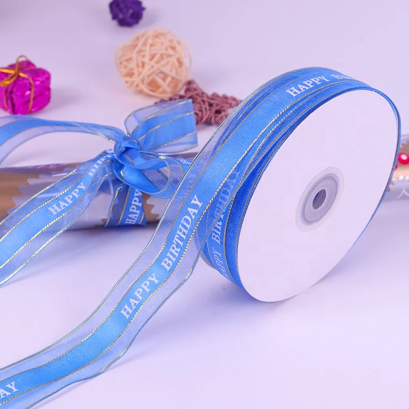 Wholesale Stock Printed Happy Birthday Organza Ribbon Floral Cake Packaging Glitter Silk Ribbon