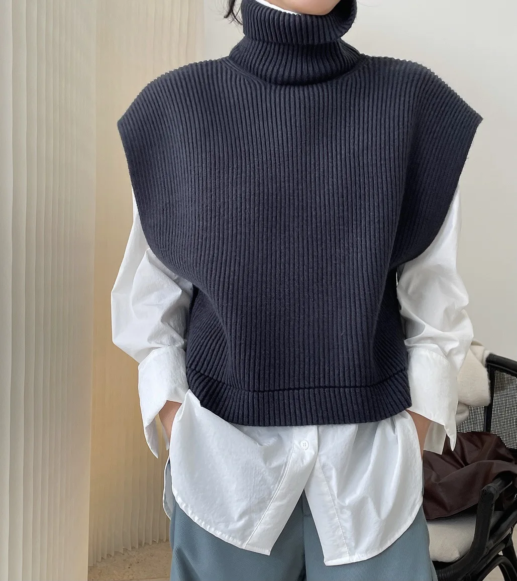 Autumn Winter Korean Style Wide-shouldered Lady Sweater Vest for Women Sleeveless