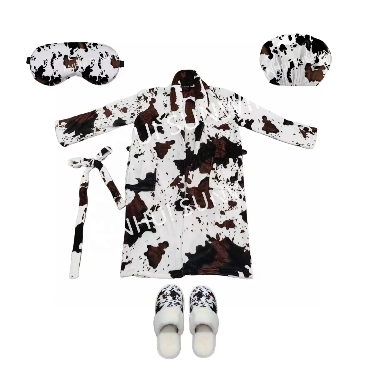 Eco-friendly High Quality custom 4Pcs Bath Robe extra long Flannel Bathrobes Eye mask, shower cap, slippers, shower robe