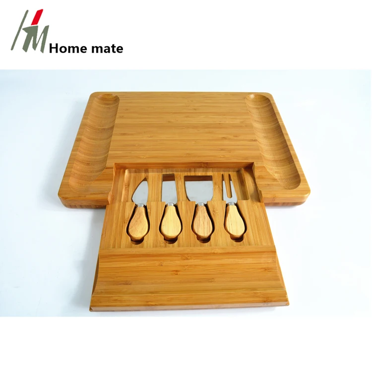  Кухонная доска для сыра и набор ножей Бамбуковая тарелка разделочная Сервировочная колбасных изделий с выдвижным ящиком