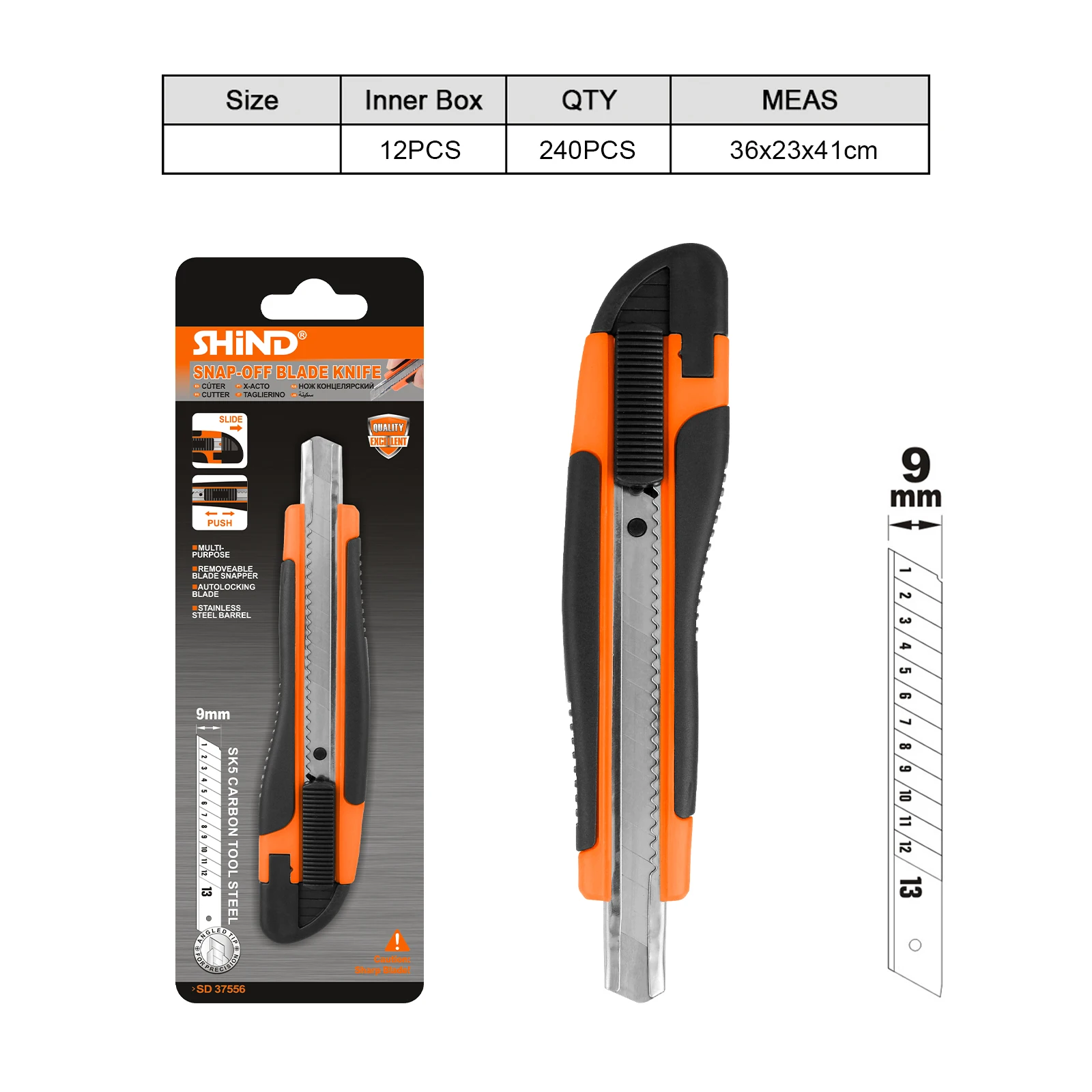 SHIND 37556 Snap-Off Blade Knife Blades 9mm*13 SK5 Carbon Tool Steel And Auto-locking Blade Optimized Ergonomic Bi-material Grip