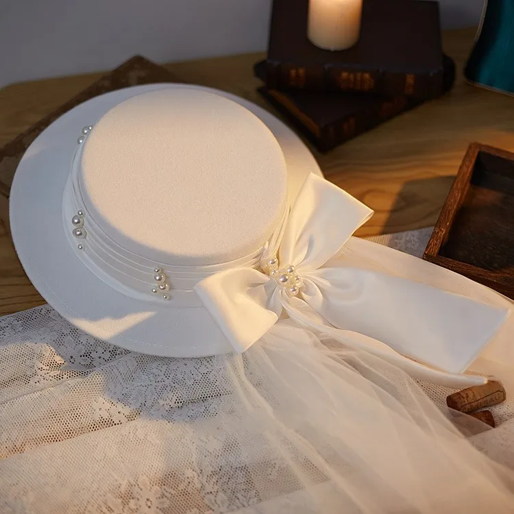 New French top hat veil vintage wool tweed elegant white bow hat Hair accessories royal househ long yarn flower top hat