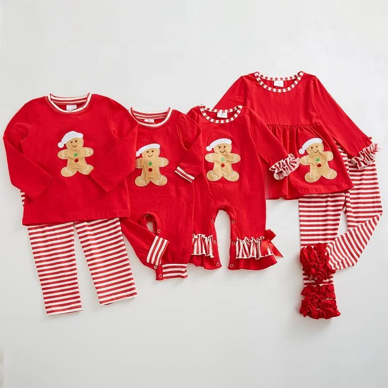 Girlymax 2022 Hot Sale Boutique Christmas red Gingerbread Santa hats Family matching clothing Boys and Girls baby toddle romper