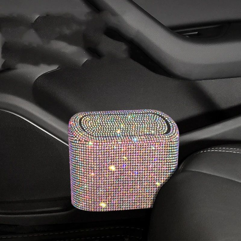 Luxury Fashion car interior storage bag car trash can advanced color diamond press type small car organizer trash box