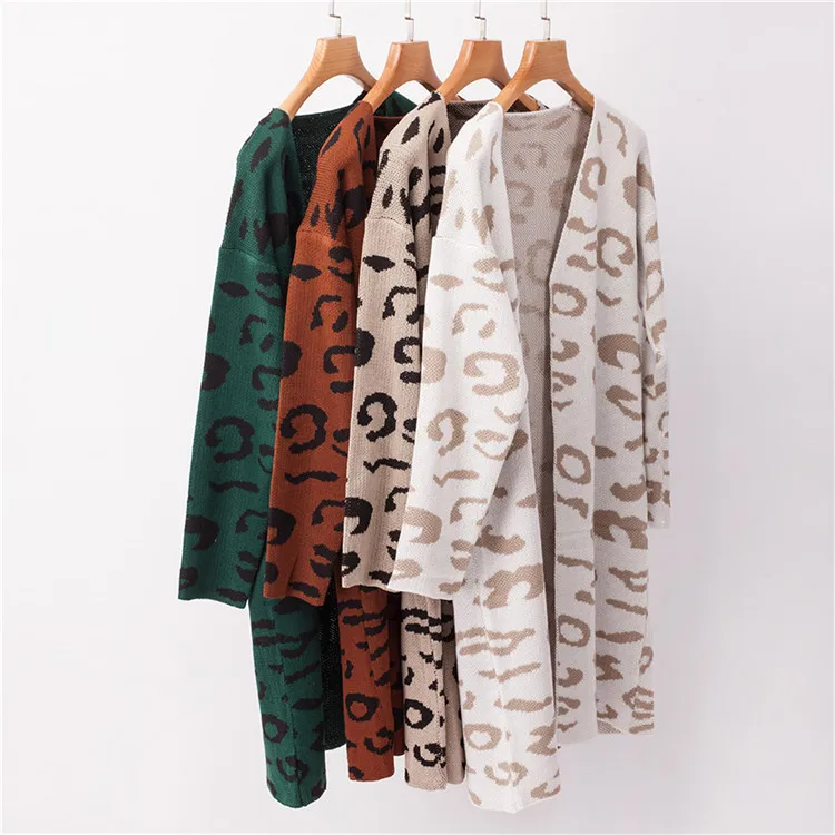 Casual Wholesale Ladies Jacket Coats Knit Leopard Loose cardigan Sweater for Women Cardigan