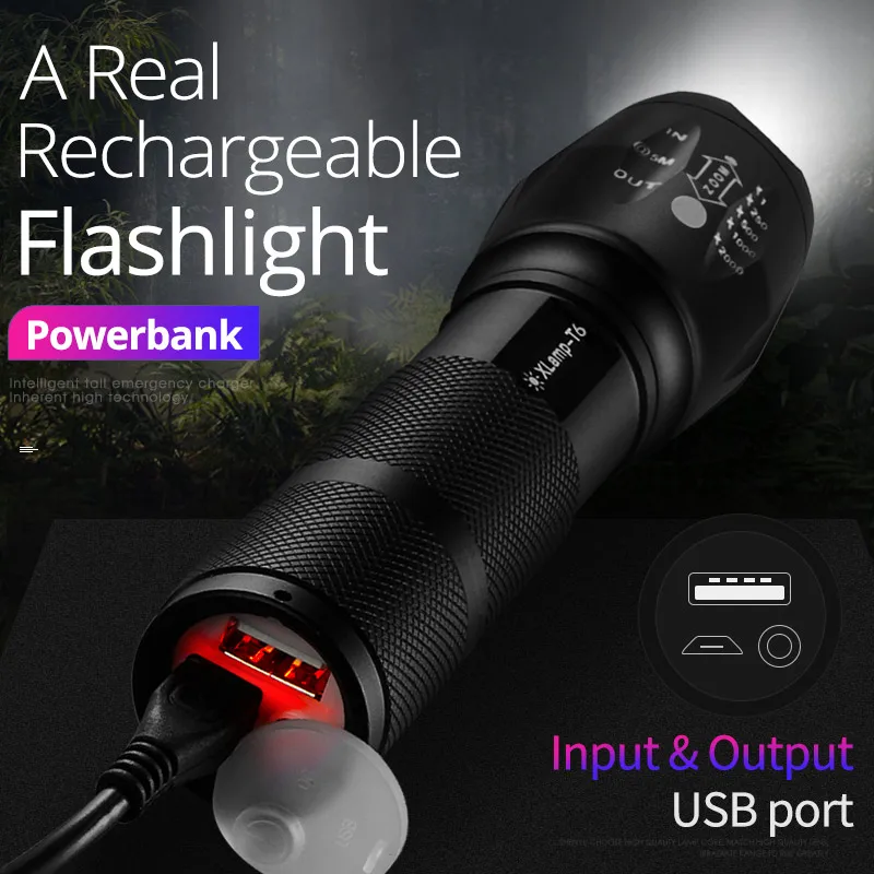 
Waterproof aluminium led torch light usb tactical 18650 rechargeable flashlight powerful torch T6 led zoom flashlight 