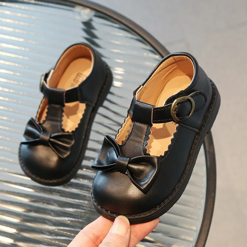 Mary Jane Bowknot T Strap Pumps PU Leather Breathable Round Toe Children Girls School Dress Shoes Hook & Loop Black Daily Wear
