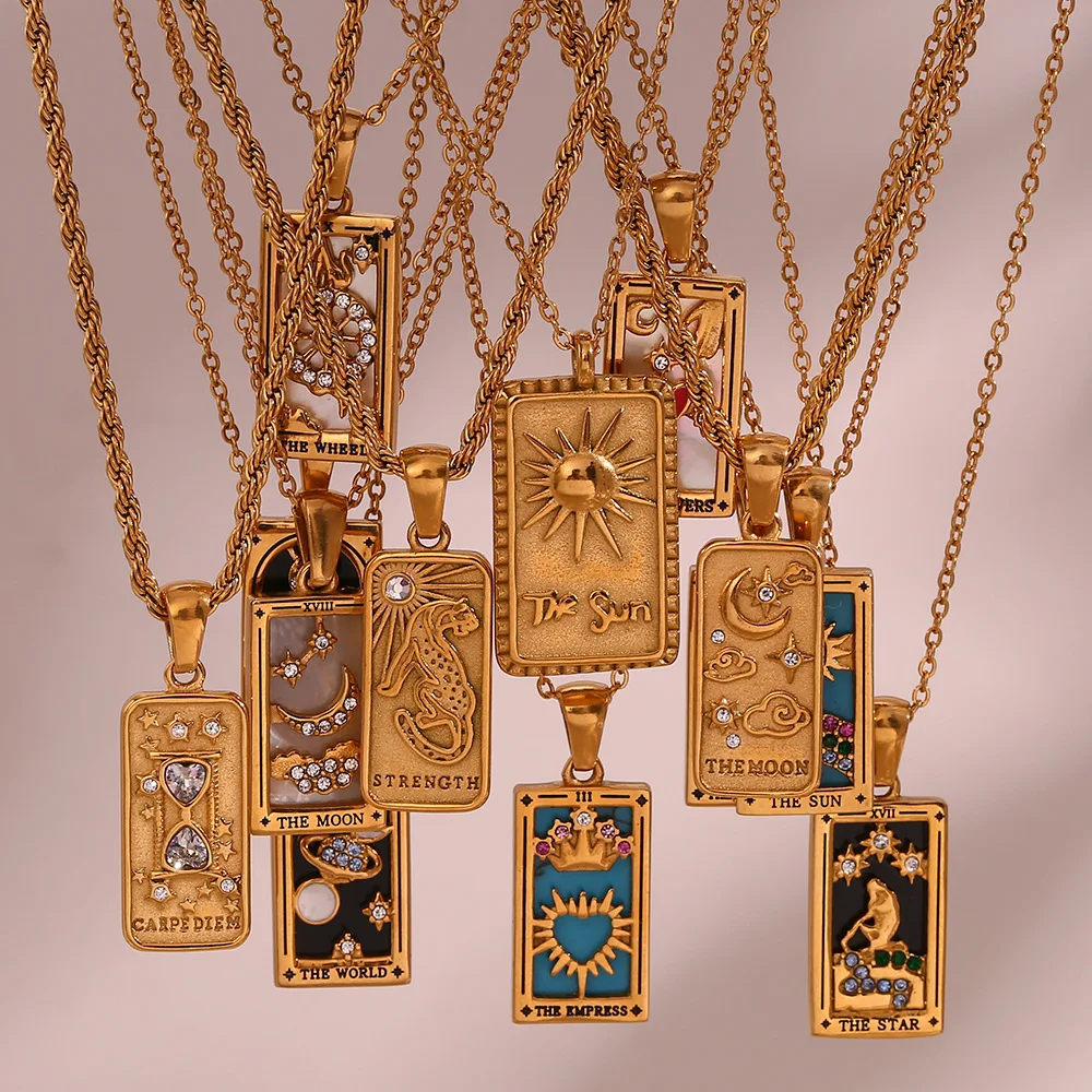 Stainless Steel 18k Zirconia Strength Emanen Tarot Card Necklace Gold Filled Necklace Custom Tarot