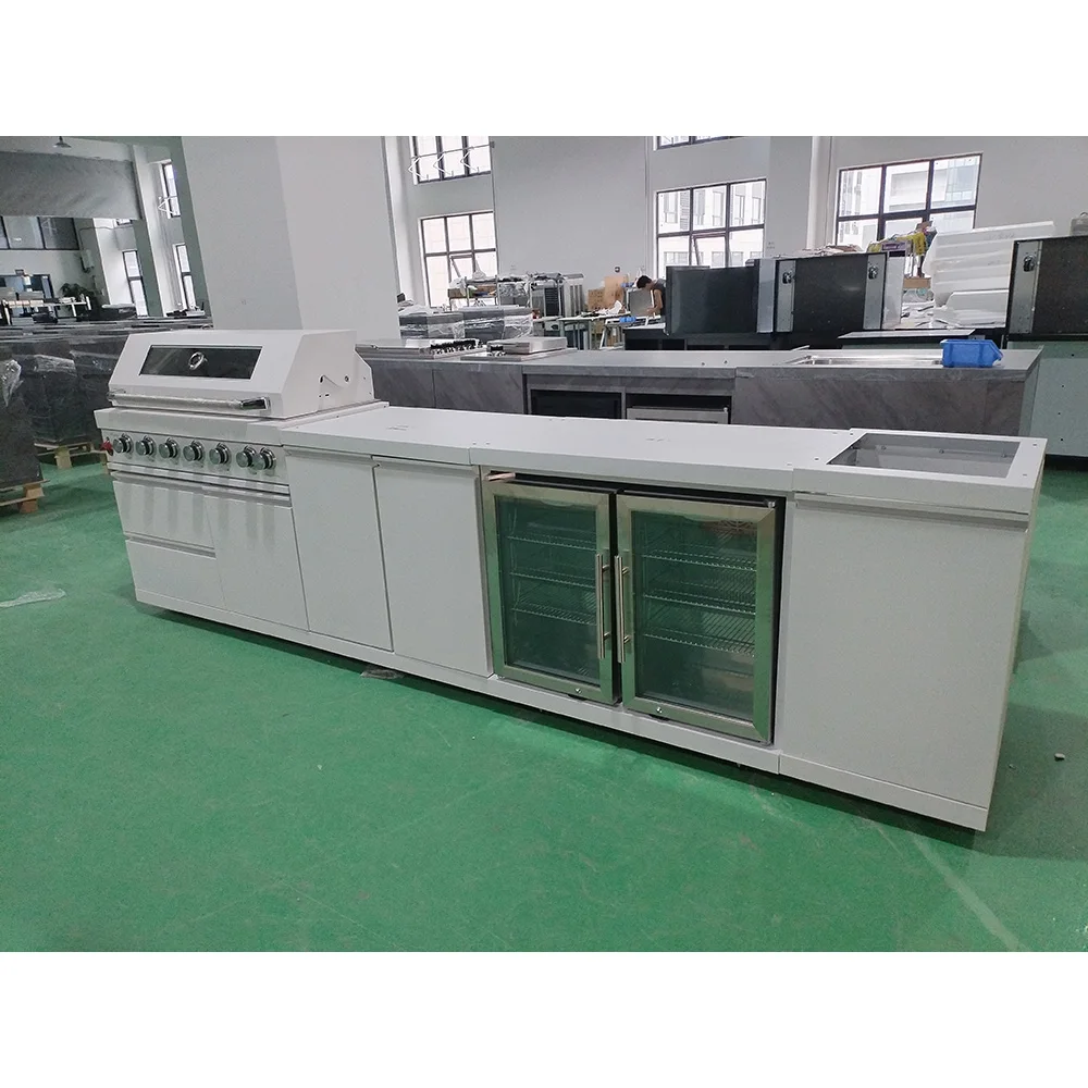 Size: 3380*580*900, white stainless steel with 6-burner grill, double-door refrigerator and double-door storage cabinets