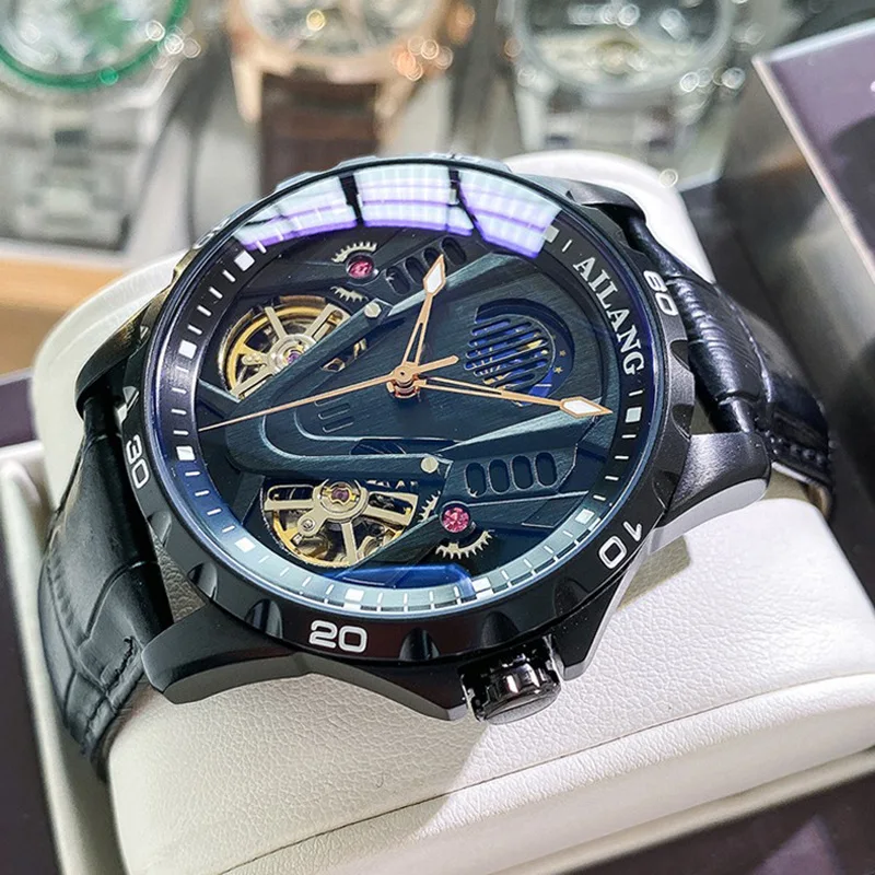Custom logo Leather Skeleton Tourbillion Automatic Mechanical Watch for Men High Quality Luxury Brand