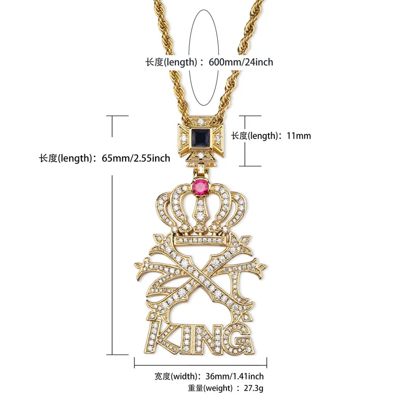 Cubic Zirconia Hiphop Gold Crown King Letter Necklace Tennis Chain