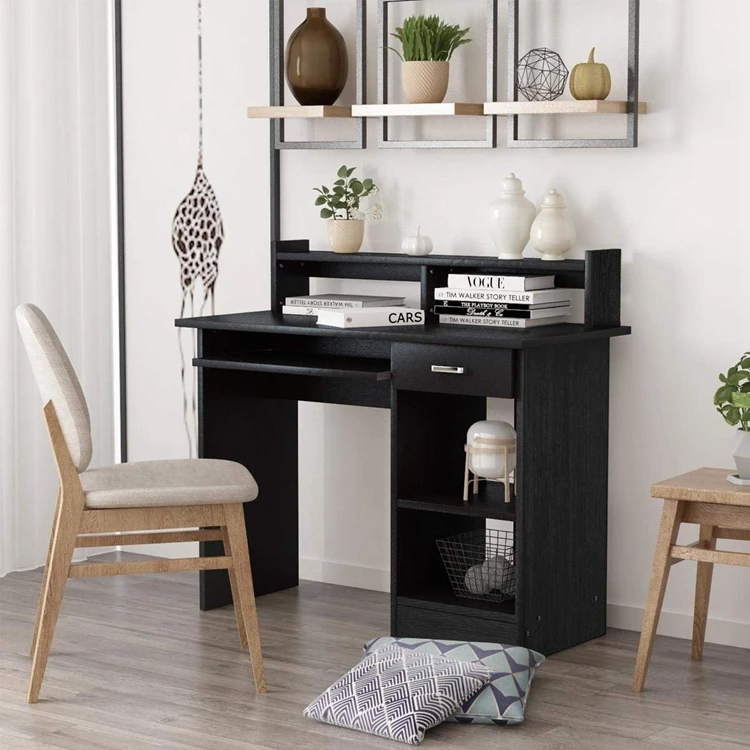 Black Computer Desk with Drawers Storage Shelf Keyboard Tray - Home Office Laptop Desktop Table for Small Spaces