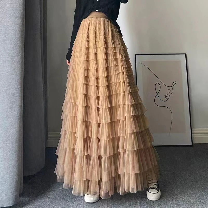 High Waist Ruffle Pleated Tiered Midi Flowy Pink Tulle Cake Skirts