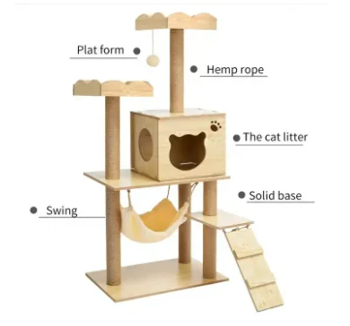 Tall and small floor space cat condo with scratch pillars and rest plate