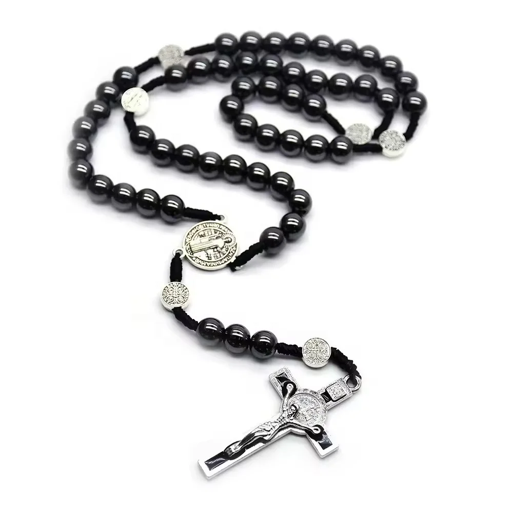 Hot selling Hematite Rosary Black Stone Beads Necklace with Jerusalem Holy Soil Cross