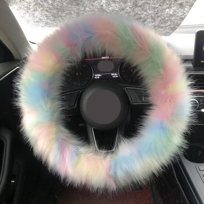 China Wholesale Winter Pure Wool Steering Wheel Cover Car Fur Leather Plush Three-Piece Soft Warm Steering Wheel Pink Cover Car