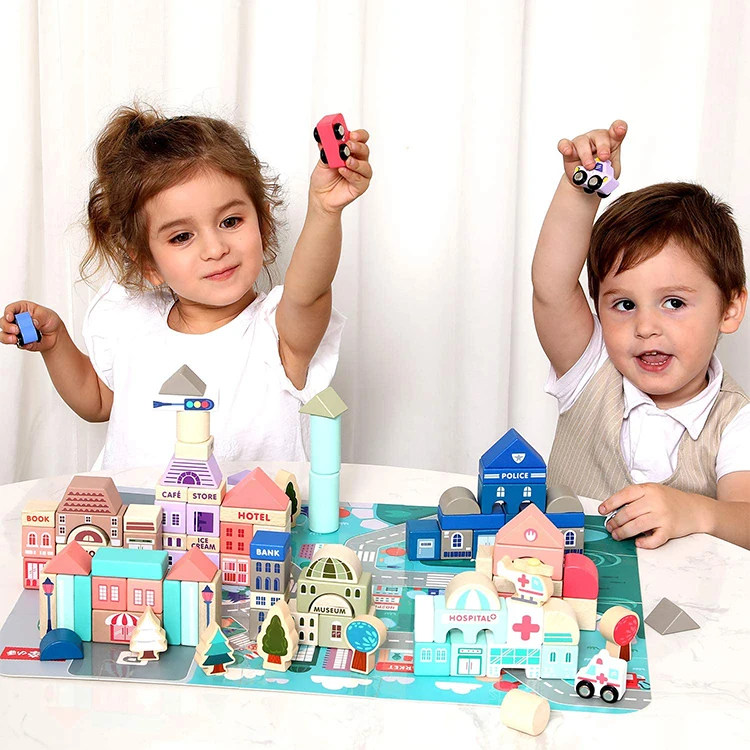 2022 Amazon hot sell Wooden Macaron 115pcs building block children learning educational toy for children