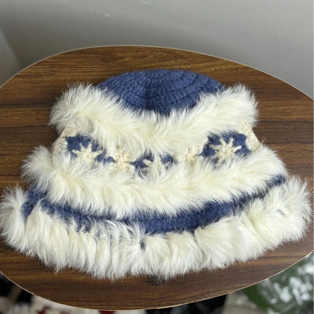 Wholesale Rabbit Fur Knit Lion Design Fisherman Caps Autumn Winter Plush Warm Tiger Head Crochet Bucket Hat Knitted Fluffy