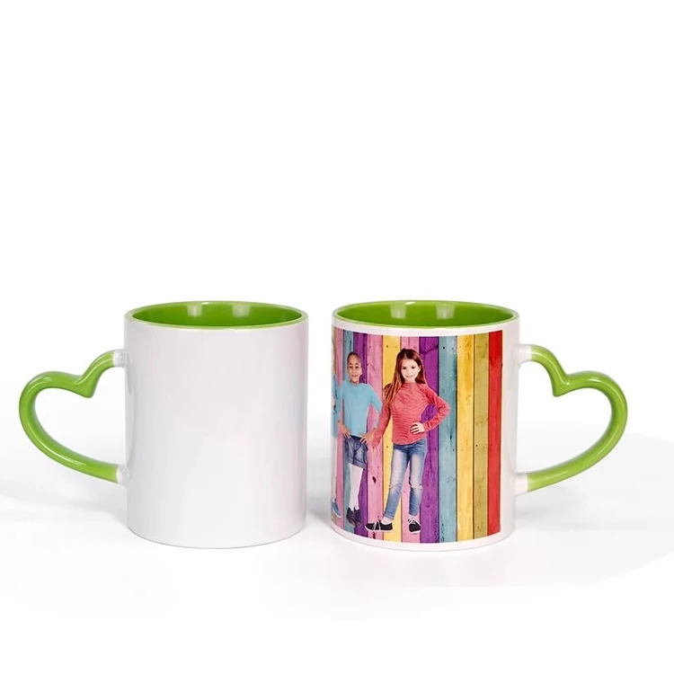 Wholesale Colourful Heart Shaped Handle White Blank Mug Sublimation 11OZ Inner Color Ceramic Mugs