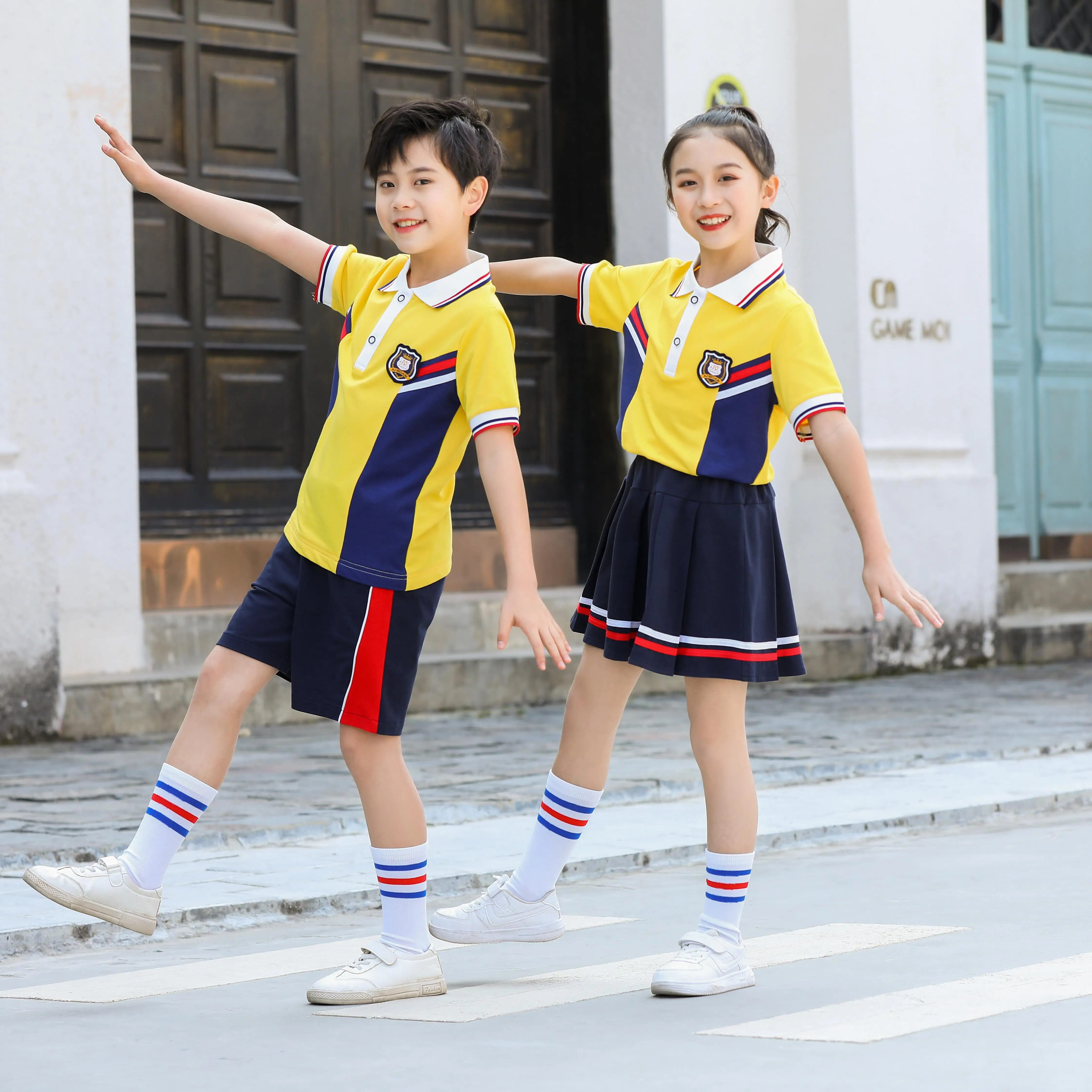 Custom yellow t polo shirt design for girls with school logo kids primary sport uniform manufacturers school uniform design