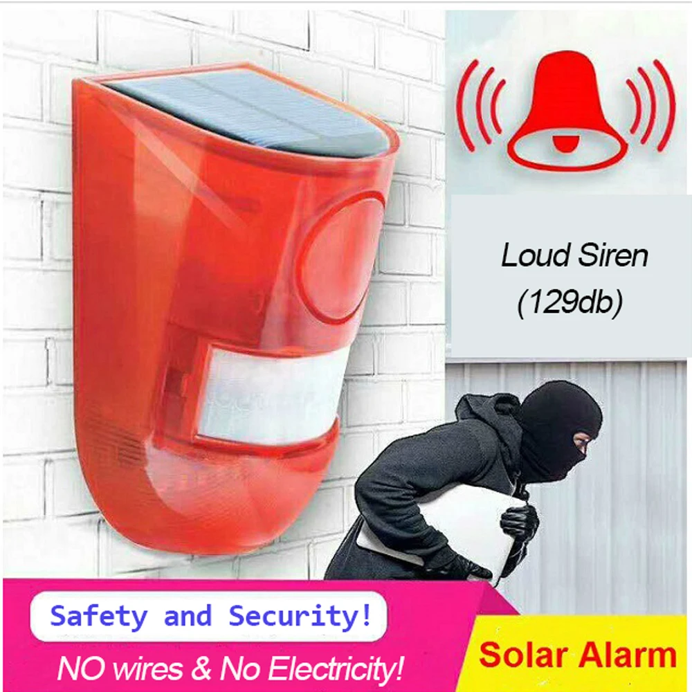 Cheaper price PIR motion sensor  outdoor wireless security alarm system 129db loud siren solar home alarm security wall light