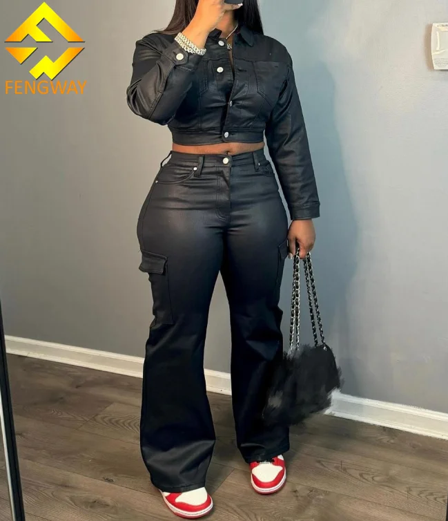 2024 New arrival Fall winter Women Two Piece Sets Outifits Streetwear Leather Long Sleeves Jacket Cardigan Pockets Pants Suit