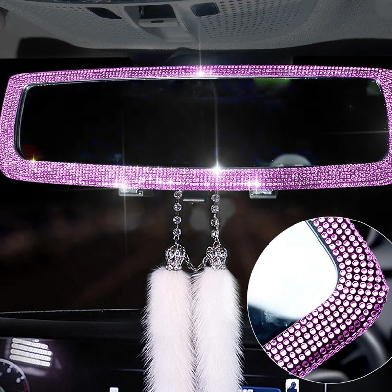 Car Rearview Mirror Cover Interior Universal Auto Rear View Mirror Bling Rhinestone Luxury Surface Mirror Cover Auto Accessories