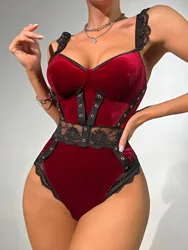 2023 Women sexy lace velvet one piece bodysuit teddy lingerie