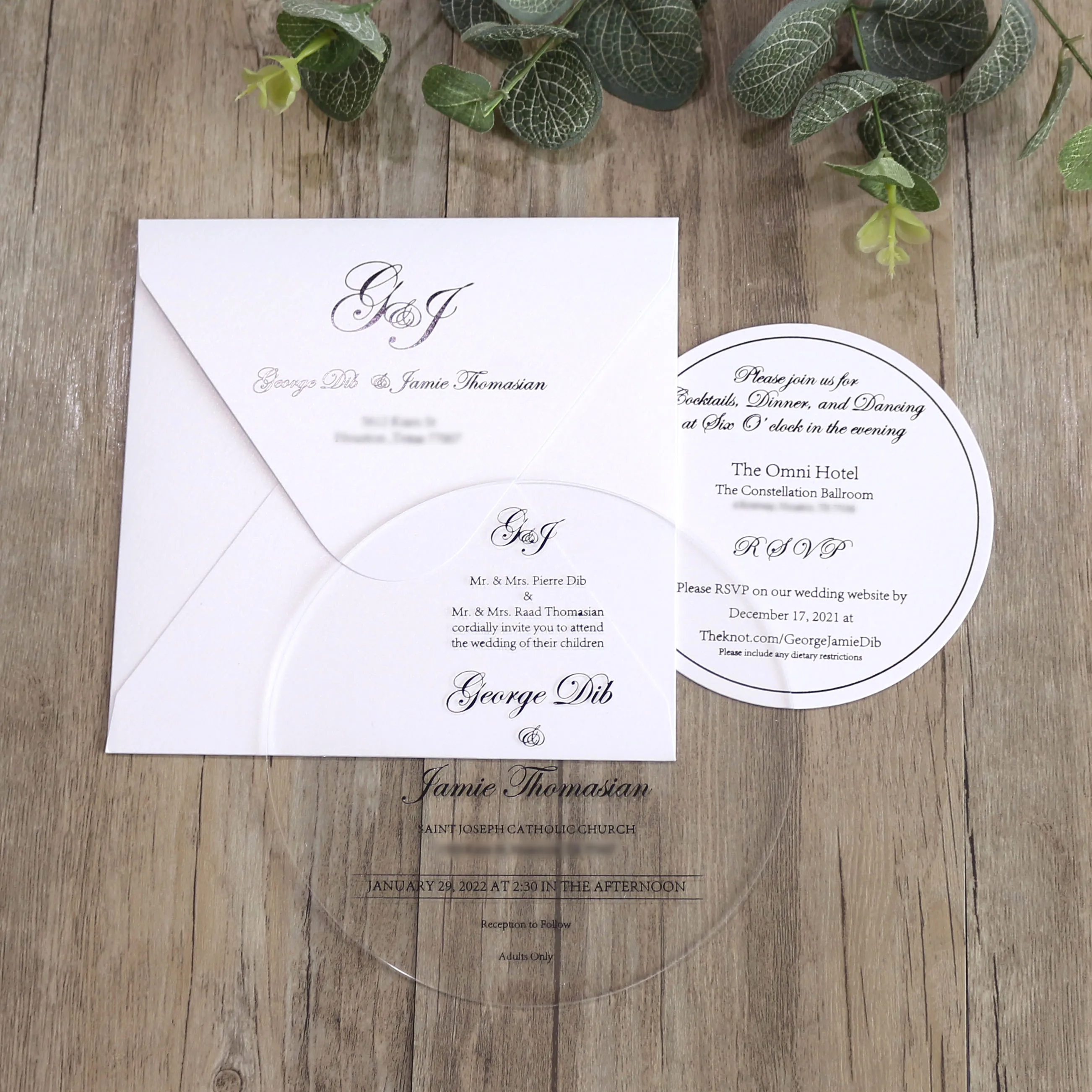 Acrylic DIY Wedding Invitation Set Round Clear Invitations White Envelope Black Foil Save Date Cards Anime Craft Music