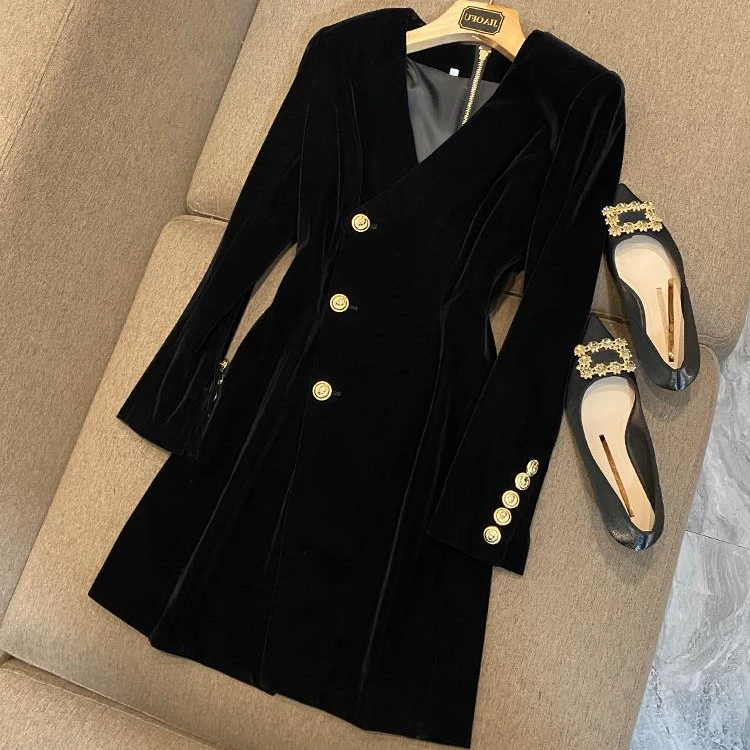 Vintage Velvet Women Cloth Fall Winter Long Sleeve Sexy V-neckline Single Breasted Delicacy Solid Dress