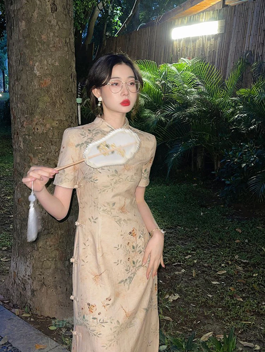 Waist collection chiffon cheongsam women ladies dress sleeved printed cheongsam cheap price chinese traditional dresses qipao