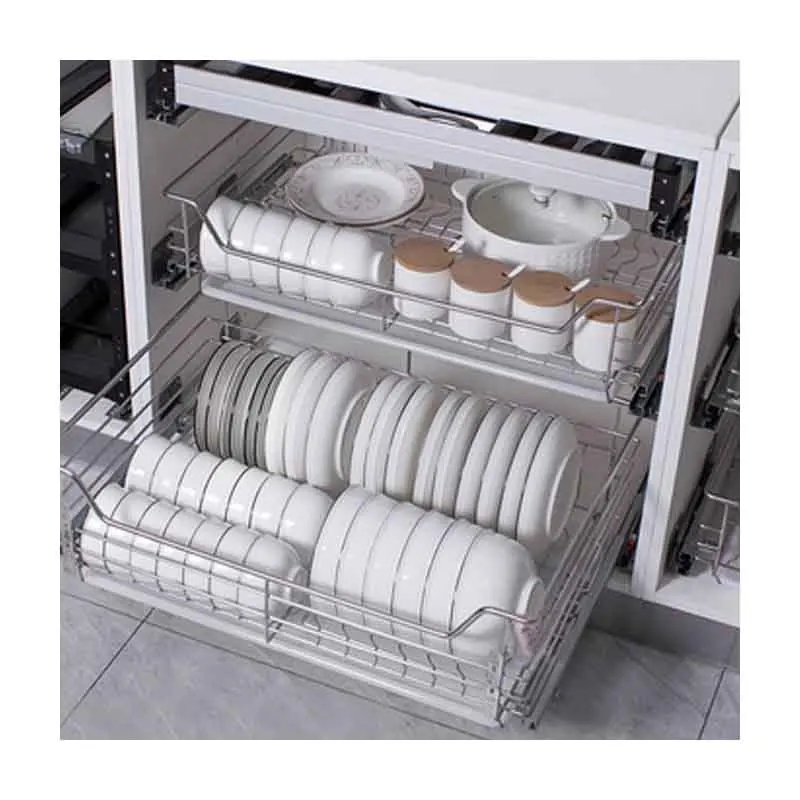 2pc Ball-Bearing System Under Sink Sliding Pull Out Drawer Cabinet Organizer Rack 2 Tier Under Sliding Wire Basket with Slides