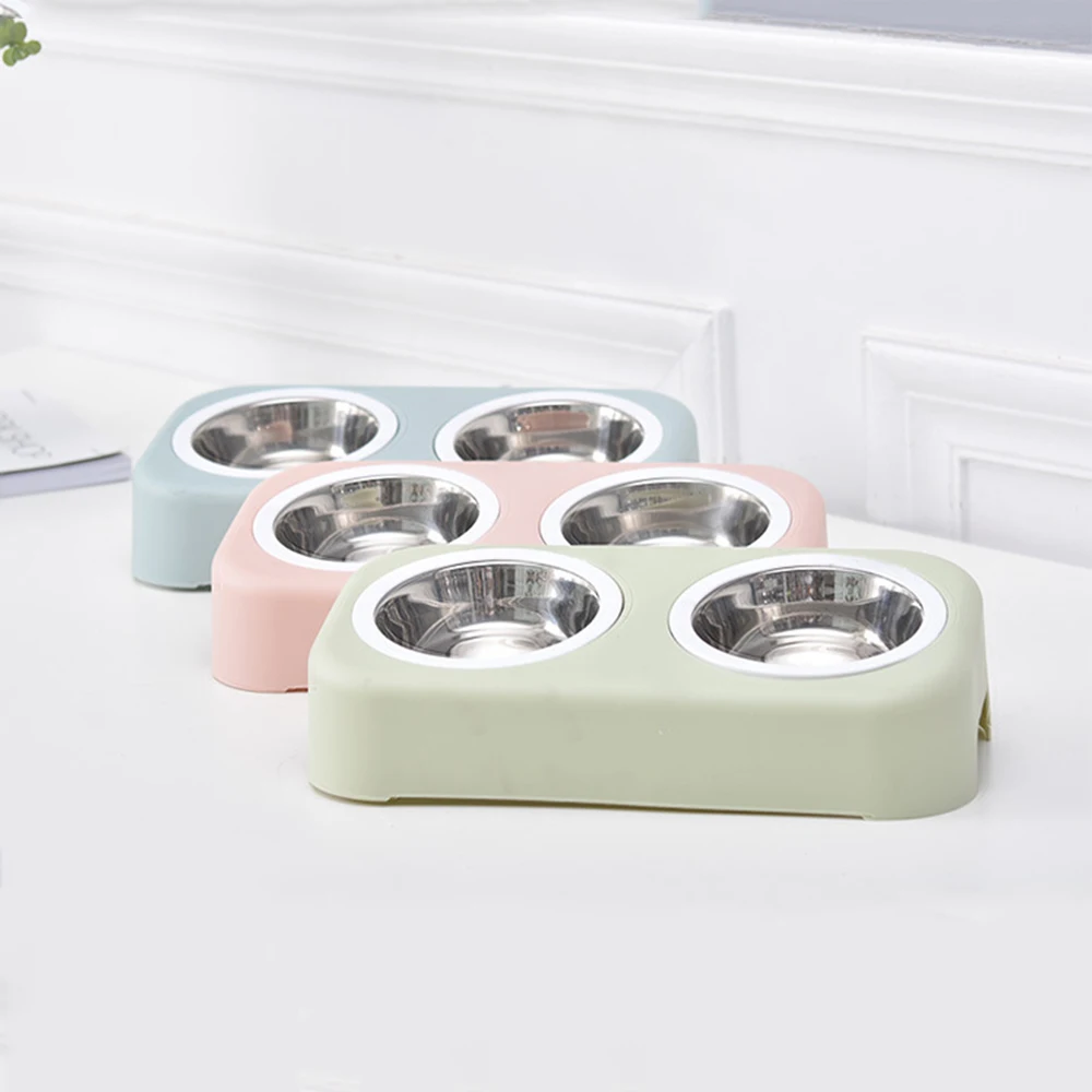 Fashion Cat Stainless Steel Bowl with Plastic Stand Top Quality Pet Tilted Double Bowl Pet Stainless Steel Pet Bowl
