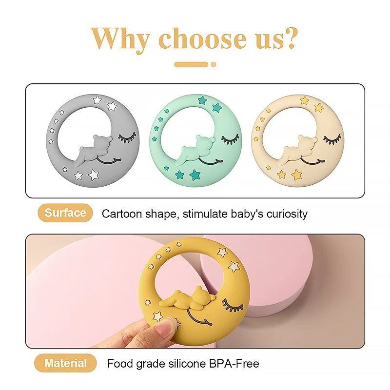 Moon Shape Food Grade Baby Silicone Teether Ring Babi Toy Pendants Diy Teething Molar Bpa Free Baby Teethers