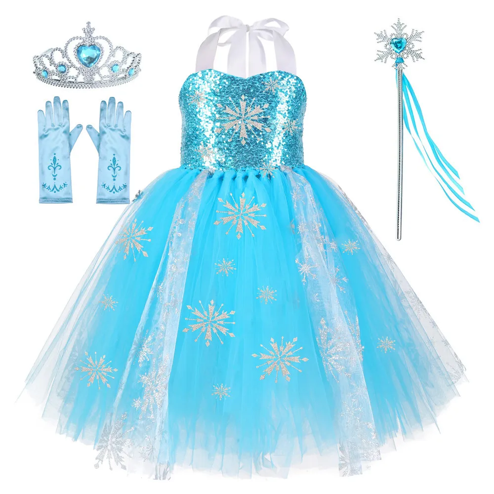 Ice Elsa Queen Toddler Kids Little Girls Princess Costume Blue Cosplay Dress up Birthday Party with Accessories