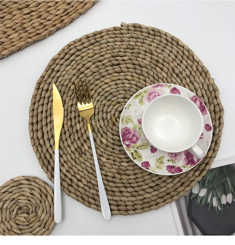 15 inches Round braided straw Cattail grass Placemat Tableware Restaurant Wedding Party Bamboo Rattan Charger Plate