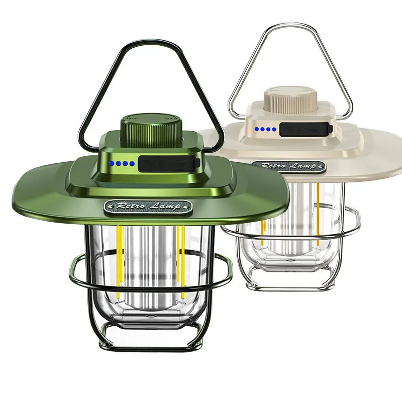 Vintage Camping Lantern LED 2000mAh Battery Power Bank Display Stepless Dimming USB Emergency Lighting Outage Outdoor Tent Lamp