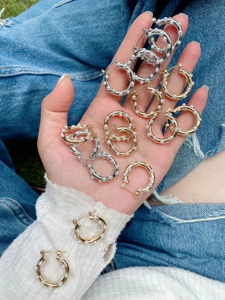 Big Large Round Circle Hoop Earrings Pearl Beads 18K Gold Sliver Color Brass Stud Earrings