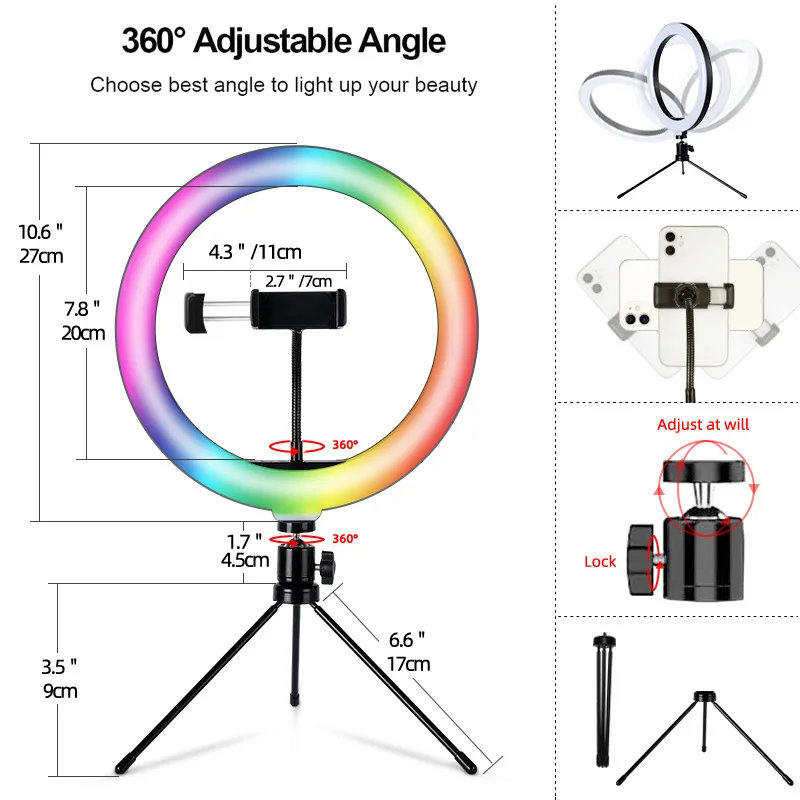 1PCS Order Acceptable YouTube Photography 33 Colors Changing RGB LED 10inch Ring Light with Tripod Stand And Phone Holder