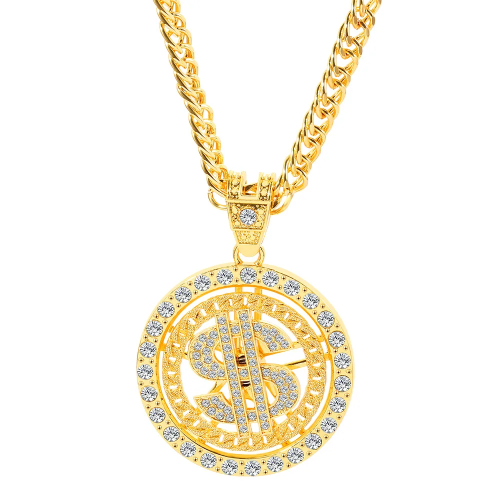 2022 Hip Hop 18K Gold Plated Rotating Iced Out Cuban Link Dollar Sign Necklace for Men