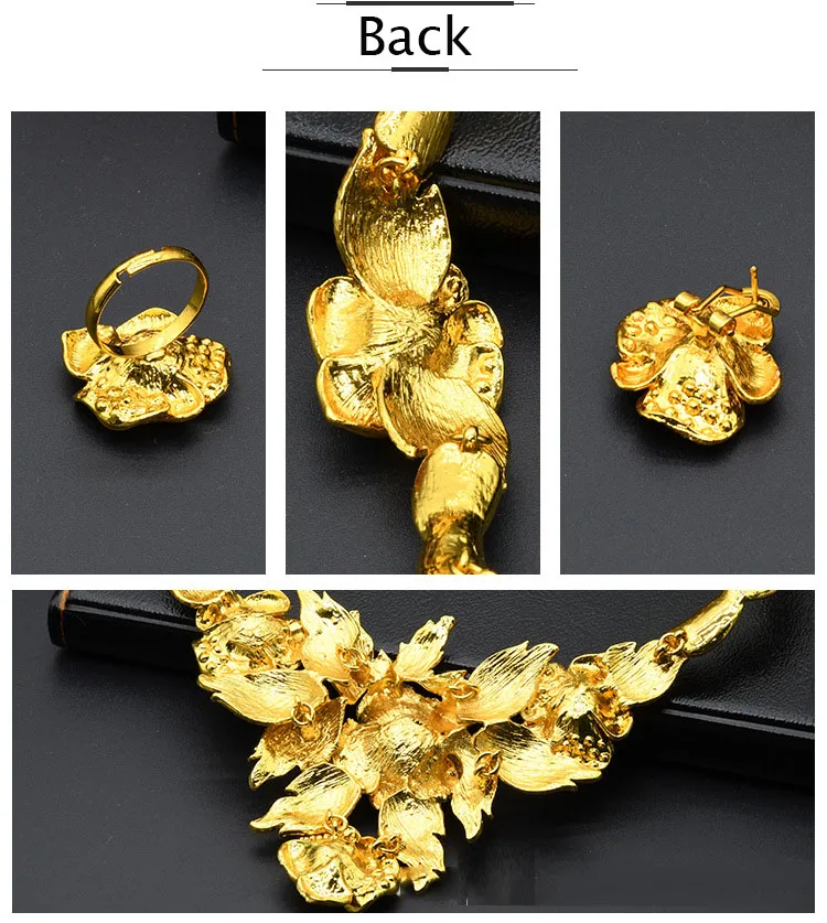 In Stock Small MOQ Wholesale 24K Gold Plated Dubai Jewelry Set Wedding Bridal Flower Jewelry 2022