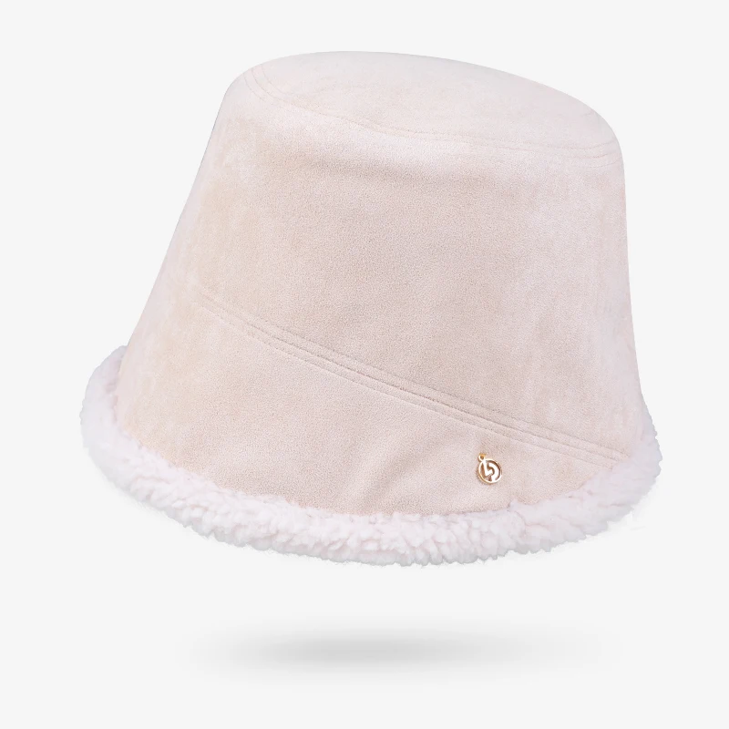Warm fleece fabric Winter bucket,sude fabric outside,custom metal logo winter cap